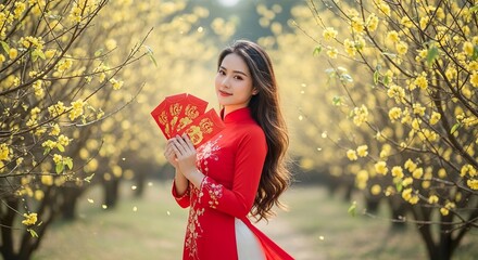 Elegant Vietnamese girl in yellow or red ao dai holding lucky money envelopes, surrounded by apricot blossoms.