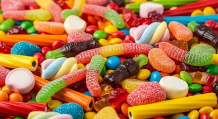Vibrant explosion of colorful candies and sweets, a delightful sugary feast for every sweet tooth's dream come true.