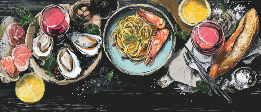 Deliciosa cena de mariscos y pasta con vino tinto y pan r&uacute;stico servida sobre una tabla de madera oscura.