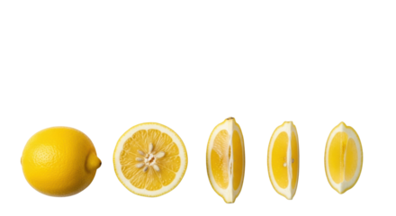 Vibrant yellow lemons: whole, cross-section half, lengthwise half, quarter slice, textured peel, succulent pulp on transparent background with copy space. Concept of freshness & vitality