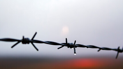 Captured in a misty dawn, a close-up reveals barbed wire with a droplet clinging to its sharp point. The background is blurred, with soft hues, creating an evocative scene.