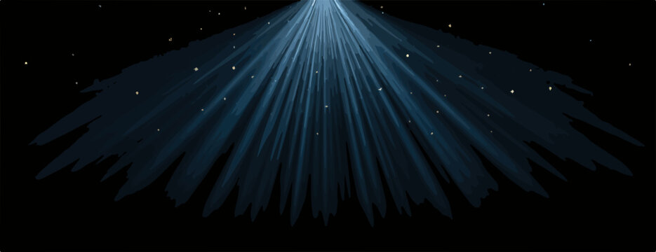 Impresionante haz de luz azul brillante que desciende desde arriba, iluminando part&iacute;culas suspendidas en la oscuridad, creando una atm&oacute;sfera m&iacute;stica y dram&aacute;tica.