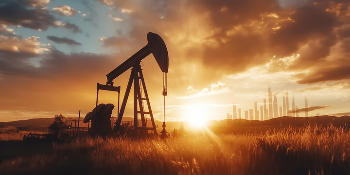 Oil pumpjack silhouette at sunset symbolizing rising energy prices and economic growth