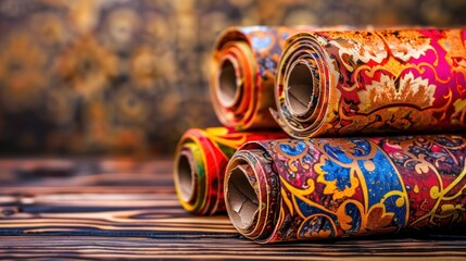 Colorful Decorative Wallpaper Rolls on Wooden Surface in Artistic Style