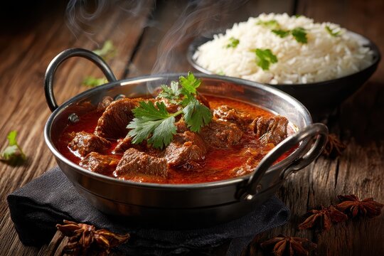 Delicious beef rogan josh served in a balti dish accompanied by fragrant rice, capturing the essence of traditional Indian cuisine