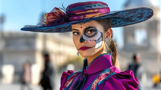 A beautiful 'La Catrina' figure in an elegant Victorian dress and a wide-brimmed hat, face painted as a skull. Portrait, traditional Mexican style. blurred background, with copy sp