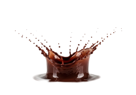 A symmetrical dark brown chocolate liquid crown splash with intricate droplets suspended mid-air against a transparent studio background, dynamic indulgence and captivating allure