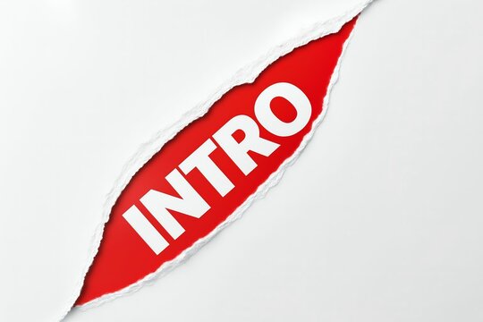 Bright red torn paper revealing the word intro in white letters on a clean white background
