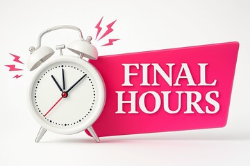 Retro alarm clock ringing urgently next to a bright pink banner announcing final hours and limited time offers