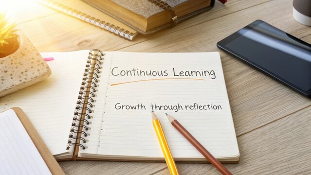 Continuous Learning Notebook with Growth Through Reflection Concept on Wooden Desk with Stationery and Coffee Cup
