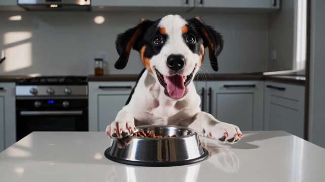 Puppy reaches for kibble bowl on glossy table in modern kitchen, dog shows happy smile with paw on bowl, tongue out, pet eagerly awaits food, playful gaze and joyful expression under soft daylight