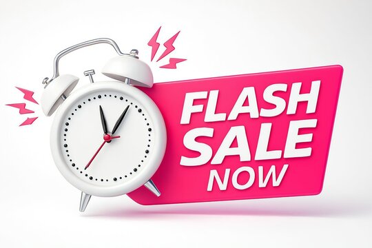White retro alarm clock with pink flash sale now sign and abstract red sparkle elements on white background