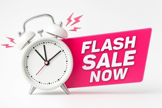 Retro alarm clock ringing with a vibrant pink flash sale now banner indicating urgency and limited time offers - Powered by Adobe