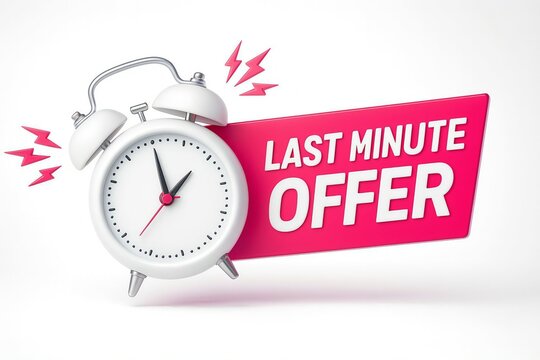 Retro alarm clock ringing with a bright pink banner announcing a last minute offer sale