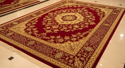 Title: Luxurious Red and Gold Islamic Prayer Rug
