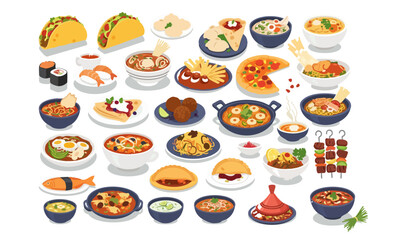 A vibrant and diverse collection of international cuisine dishes, presented in a flat design style, featuring tacos, sushi, pizza, curry, and more