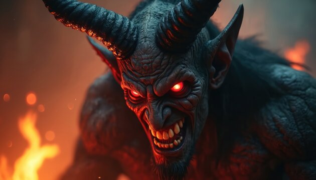 Close up photo of the devil with horns and red eyes against fire background. Satan smiles menacingly. Demon shows its teeth and looks scary. Hellish evil creature.