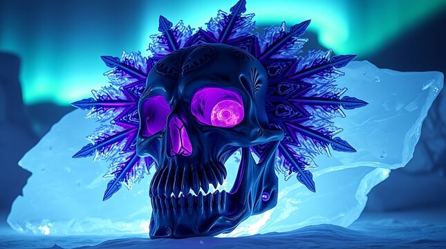 Eerie skull adorned with icy snowflakes, set against a backdrop of the aurora borealis, creating a chilling winter scene chirstmas