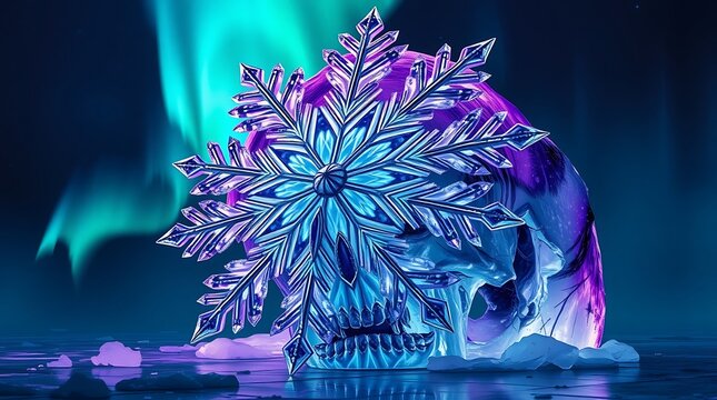 A chilling winter scene featuring a skull adorned with a snowflake under the aurora borealis sky chirstmas