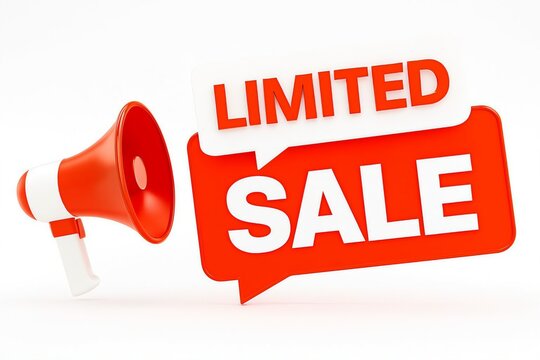 Bright red megaphone announcing a limited time sale with bold white text on a white background