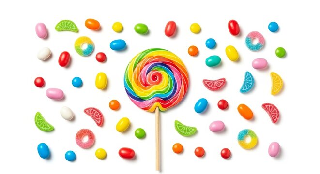 Vibrant rainbow swirl lollipop surrounded by colorful assorted candies, creating a joyful and festive confectionery display perfect for celebrations and sweet treats.