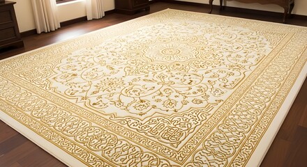 That rug tho 😍! Looks like a stunning piece with those intricate gold designs on a cream background. The floral and geometric patterns are giving major traditional vibes, and it totally complements t