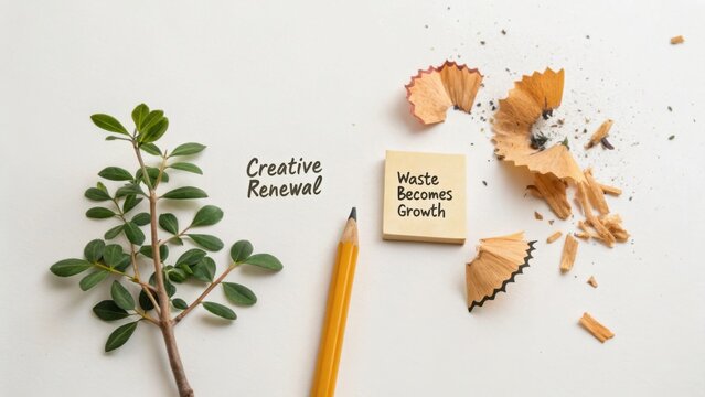 Creative Renewal Concept with Green Plant, Pencil, and Shavings on White Background Symbolizing Growth and Transformation