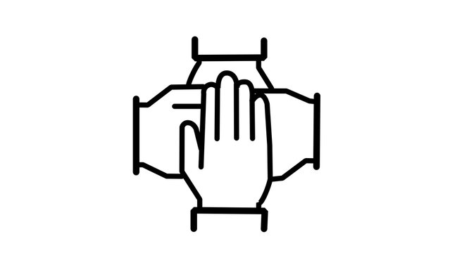 Teamwork line icon four hands joining together in unity vector illustration for business and collaboration concepts