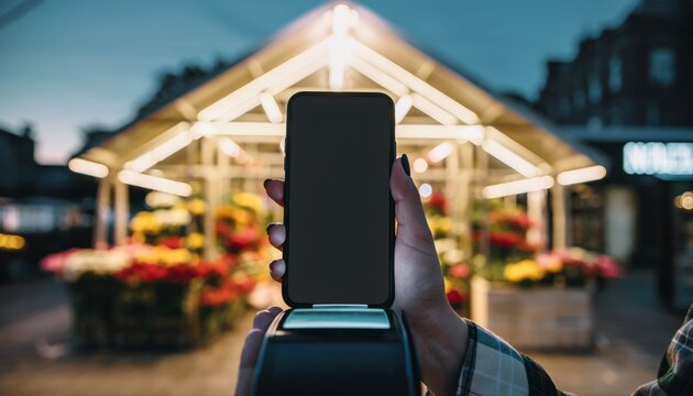 Close-up shot of a blank-screen smartphone 'tap-to-pay' on a terminal in a modern flower shop at a market.