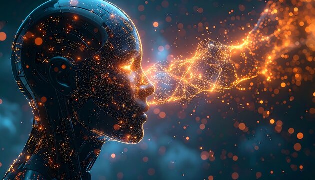 Futuristic humanoid with glowing energy emanating from its face