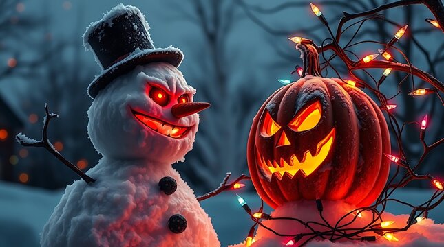An evil snowman and jack olantern stand together in a snowy landscape with glowing eyes and sinister smiles chirstmas
