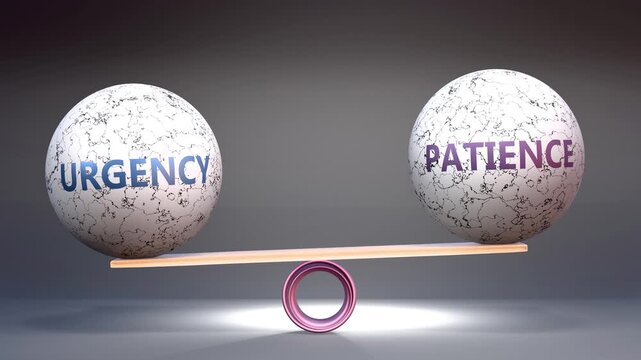 Urgency and patience in balance - balancing stones on a scale symbolizing harmony, equity and equilibrium between urgency and patience. Harmonious and beneficial situation.