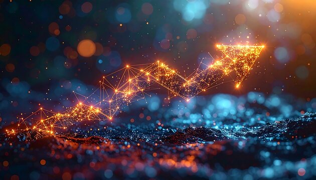 Glowing digital arrow pointing upwards amidst blurry blue and orange lights