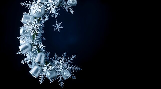 Festive christmas wreath with silver bells and snowflakes on a dark background, creating a holiday atmosphere chirstmas