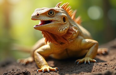 Obraz premium Yellow frilled lizard opens mouth showing teeth and red tongue. Reptile with frill around neck looks forward from dirt ground. Wild animal sits in green jungle with blurred background.