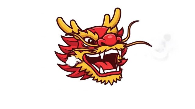 Animated Red Chinese Dragon Head Looping with Blinking Eyes and Exhaling Smoke, Cartoon Mascot Vector Style