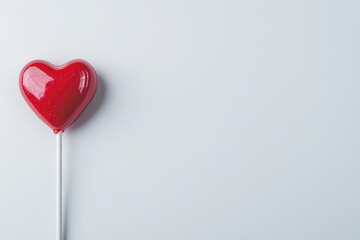 Vibrant red heart shaped lollipop stands out against clean white background, evoking feelings of love and sweetness