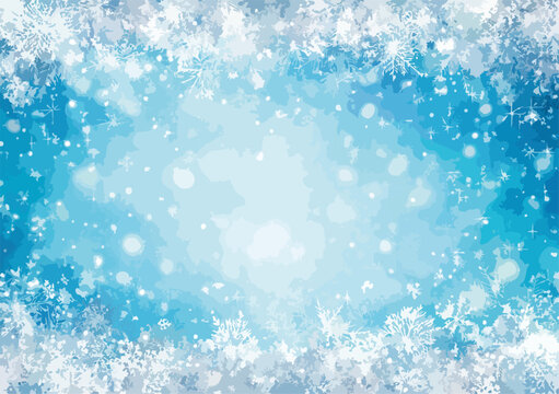 Effetto acquerello di fiocchi di neve e particelle luminose su sfondo blu ghiaccio, vettore artistico.