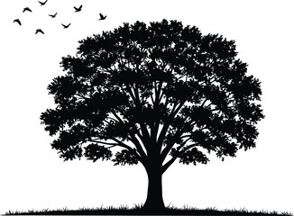 Beautiful silhouette of a large tree with flying birds, peaceful nature landscape, sunset scenery, wildlife harmony, natural beauty, tranquility, freedom