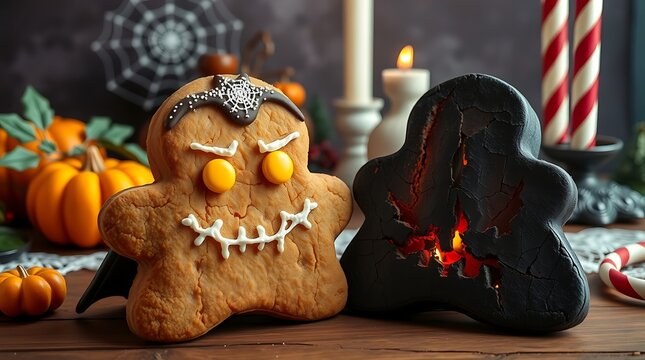 Gingerbread man and monster cookies stand on a table with pumpkins and candles in a halloween setting chirstmas