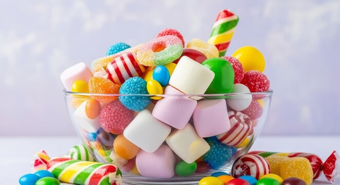 Overflowing bowl of vibrant, colorful candies and marshmallows creates a joyful, celebratory mood perfect for parties and treats. - Powered by Adobe