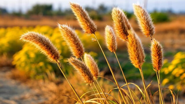 Fluffy foxtail grass plumes glowing in the warm golden light of a sunset over a field.