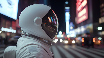Fototapeta premium Astronaut in the city, a surreal blend of space and urban life, helmet reflecting city lights, creating a unique perspective of our world from an unexpected explorer.