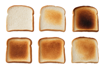 Six toast slices; browning stages from pale to burnt