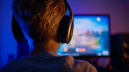Boy engrossed in an online game, headphones on, bathed in cool blue light. Immersive gameplay captures his full attention, providing an engaging digital world.