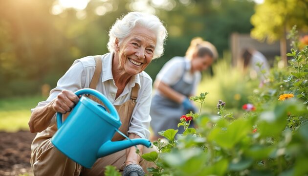 Smiling senior woman with white hair waters blooming plants in garden bed. Wears overalls, gardening gloves, uses blue watering. People work in sunny community plot. Happy older adult enjoys healthy