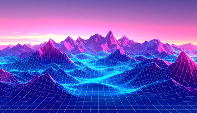 Futuristic Digital Landscape with Neon Grid Mountains