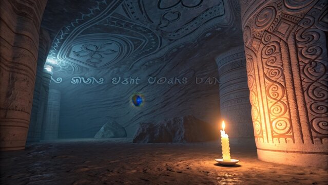 Glowing candle illuminating a surreal cave with artwork - Powered by Adobe