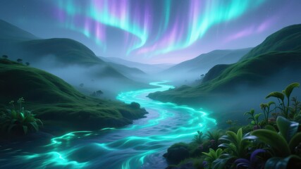 Fototapeta premium Aurora borealis over glowing river, fantasy landscape with northern lights, misty hills, and magical night sky