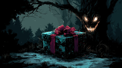 Scary Christmas Gift Box Vector Illustration, Horror Concept, Ideas